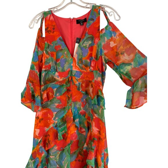 Tahari 2P Cold Shoulder Chiffon Floral Dress Ruffle High Low RDD10669 NWT - Picture 9 of 11